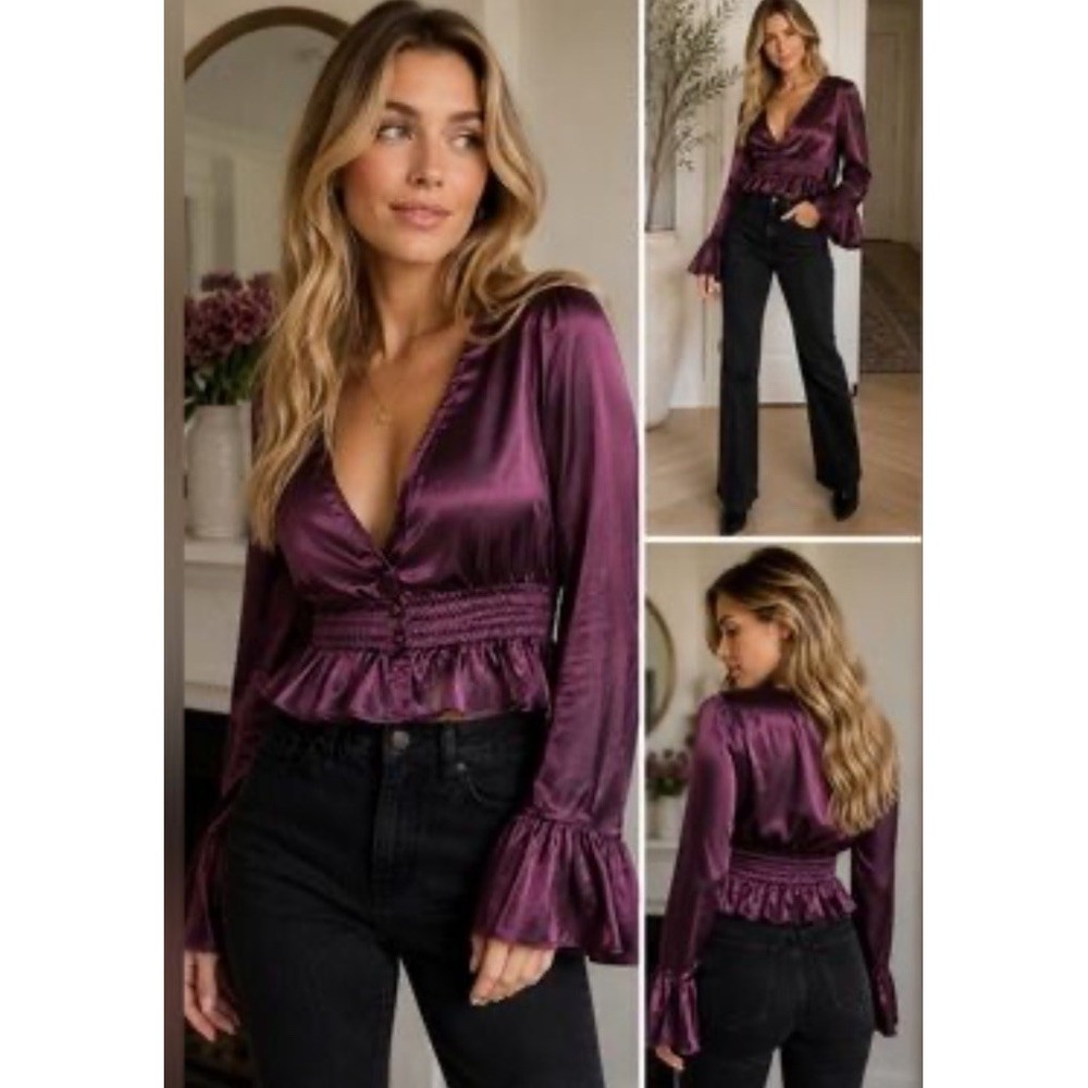 NWT Free People Chasing Love Satin Ruffle Crop Top Plum Purple Women's Medium